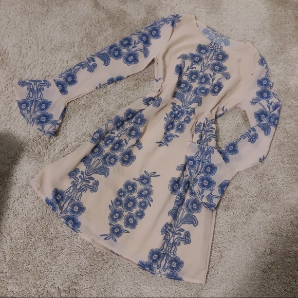 DONATED: Floral Navy Nude Bell Sleeve Dress - Picture 2 of 4